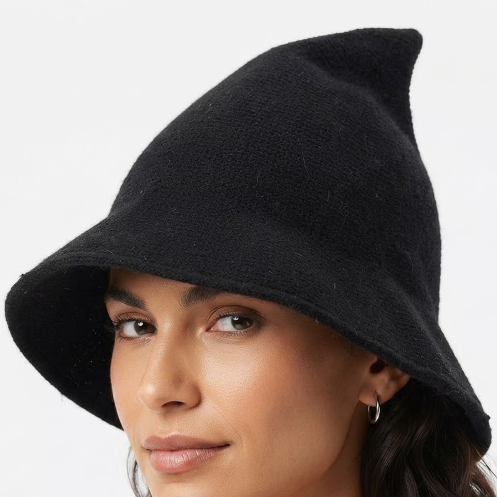 Black Knit Pointed Witch Hat Wide Brim Whimsigoth Costume Accessory